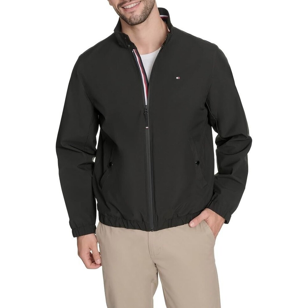 TOMMY HILFIGER Jacket Mens Large Black Zip Lightweight Stand Collar Logo $175